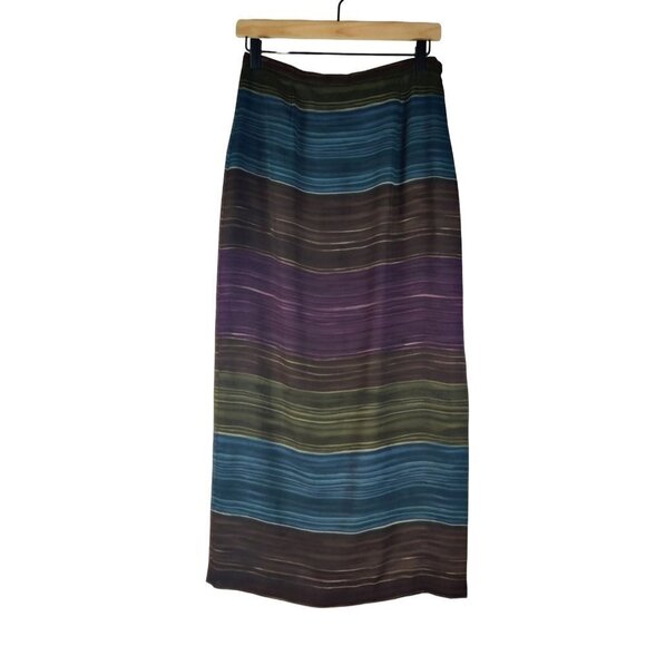 Skirt Maxi Slender Lined Multi Color Blended Stripes Rows Across Slit One side - Picture 5 of 9